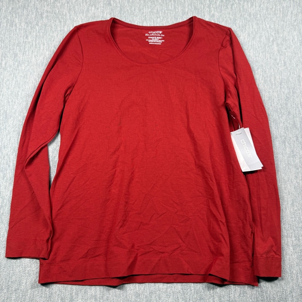 Chicos Ultimate Tee Womens 1 M Red Pima Cotton Modal Long Sleeve Shirt 570314476